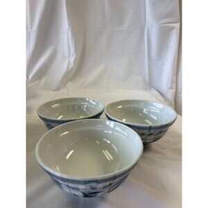 Set Of 3 Blue & White Ceramic Bowls With Abstract Pattern